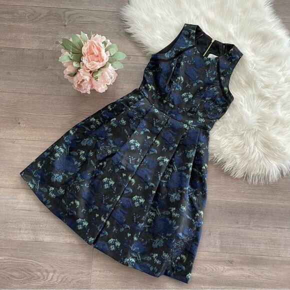 New Eliza J Leopard Print Black & Blue Metallic Fit & Flare Dress 2 - Picture 3 of 10